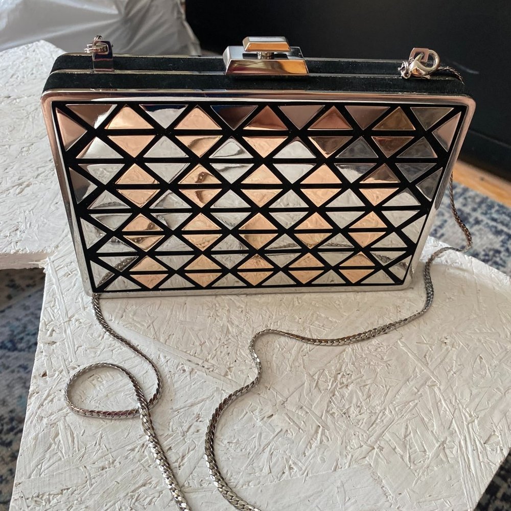 Vince Camuto women's metallic and suede clutch purse with metal shoulder strap